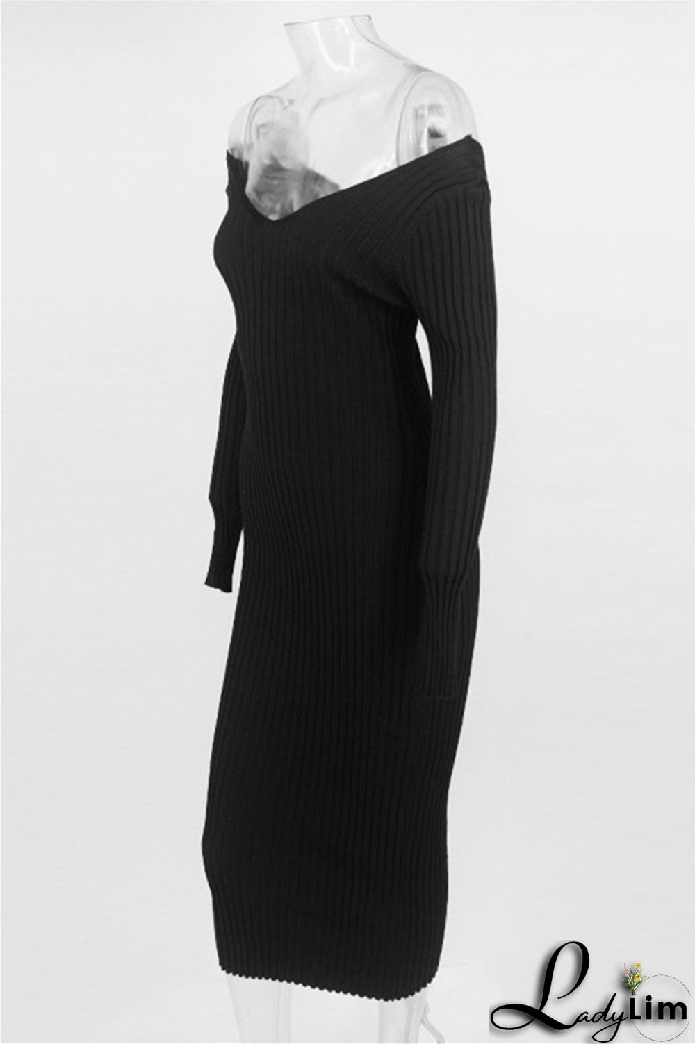 Black Fashion Casual Solid Basic V Neck Long Sleeve Dresses