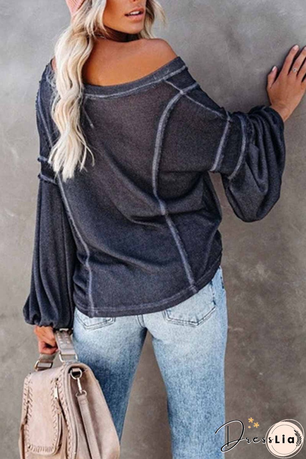 Solid Color Pullover V-Neck Bubble Long Sleeves Tops(4 Colors)