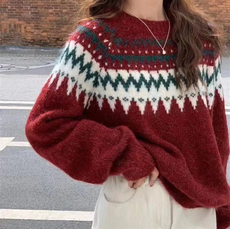 Churchf Churchf Photo 2024 Korea Retro Lazy Wind Jacquard Pop Loose Knit Round Collar Over Red Sweater
