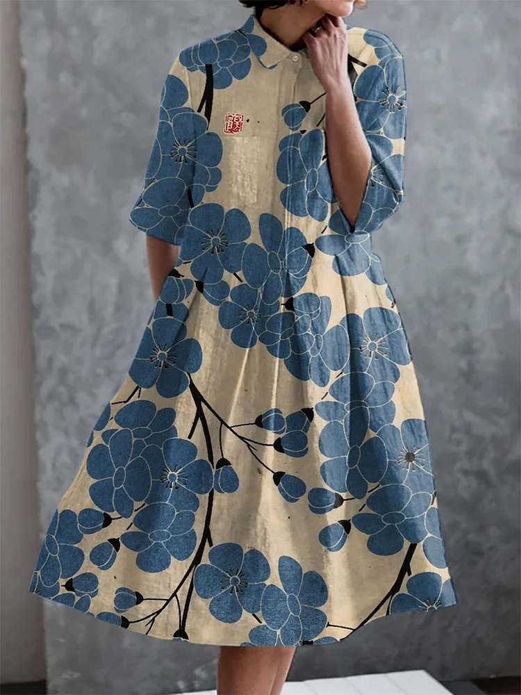 Japanese Plum Blossom Print Casual Elegant Pocket Half Sleeve Dress