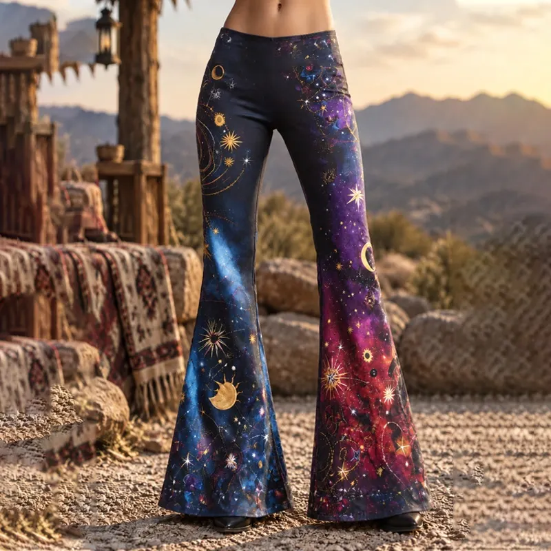 Comstylish Women's Halloween Gothic Bohemian Sun Moon Star Gradient Yoga Casual Flare Pants