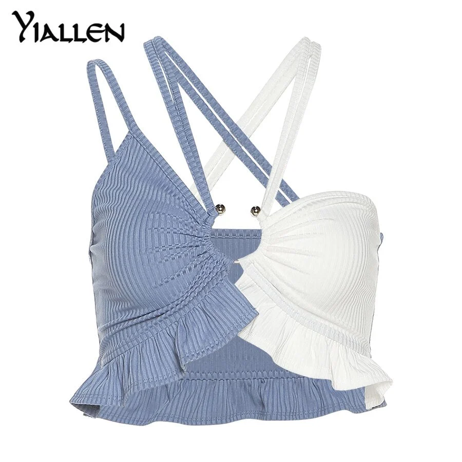 Yiallen Summer Fashion Sexy Hollow Patchwork Rib Knit Slim Stretch Basic Wild Club Street Camisole Women 2021 Simple Casual Top