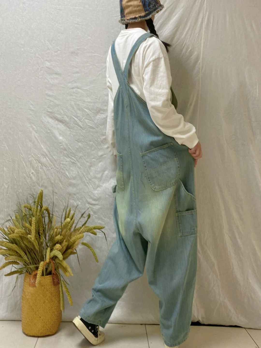 Women's Casual Retro Cropped Workwear Denim Overalls Jumpsuit