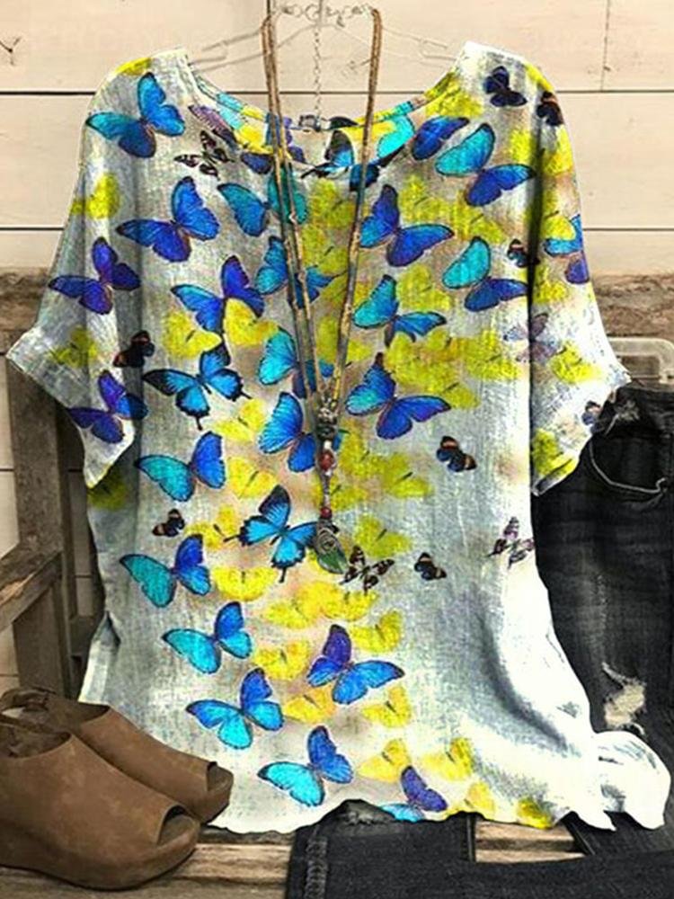 Cotton Linen Retro Butterfly Printed Casual Short Sleeved Top