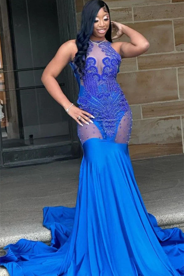 Stunning Royal Blue Sleeveless Prom Dress Mermaid With Beadings Scoop - lulusllly