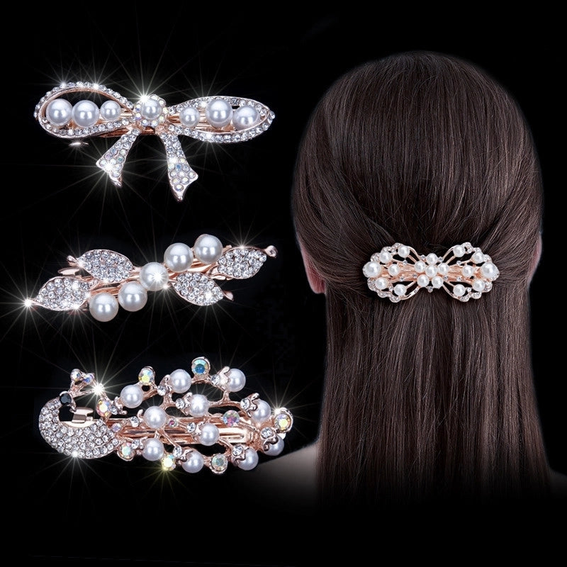 Korean Hair Accessories Rhinestone Bow Simple Hairpin Adult Pearl Horizontal Clip Ponytail Clip Top Clip Spring Clip Small