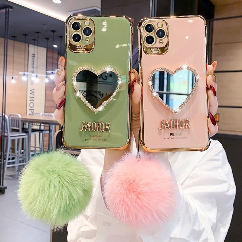 New Luxurious Bling Heart shaped Mirror Hairball Airbag Protection Case For iPhone