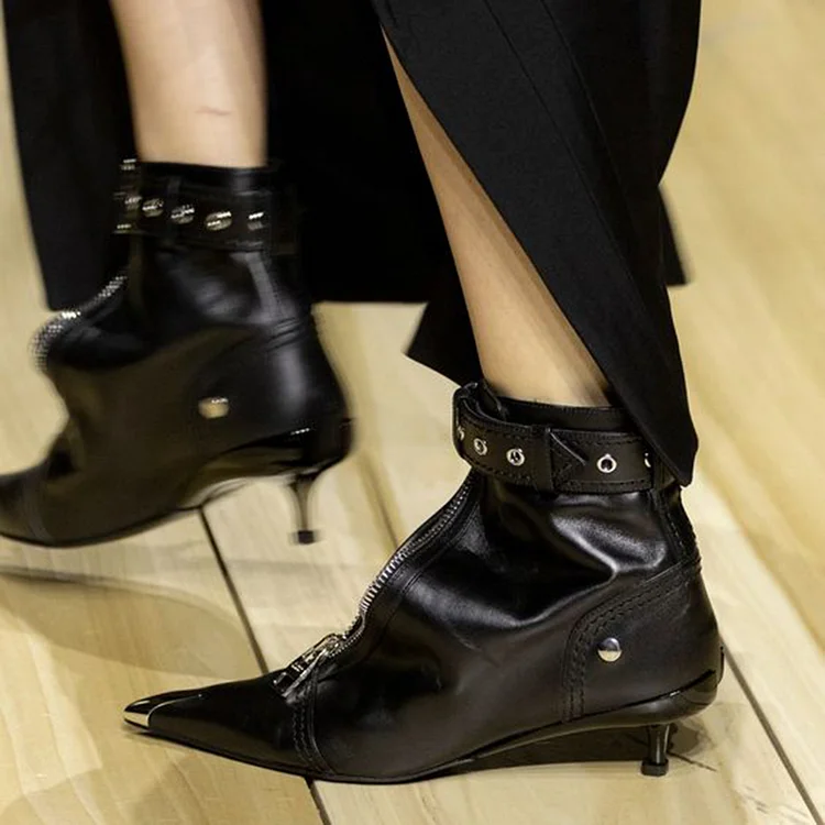 Black Patent Kitten Heels Women's Metal Toe Zipper Shoes Vintage Ankle Boots |FSJ Shoes