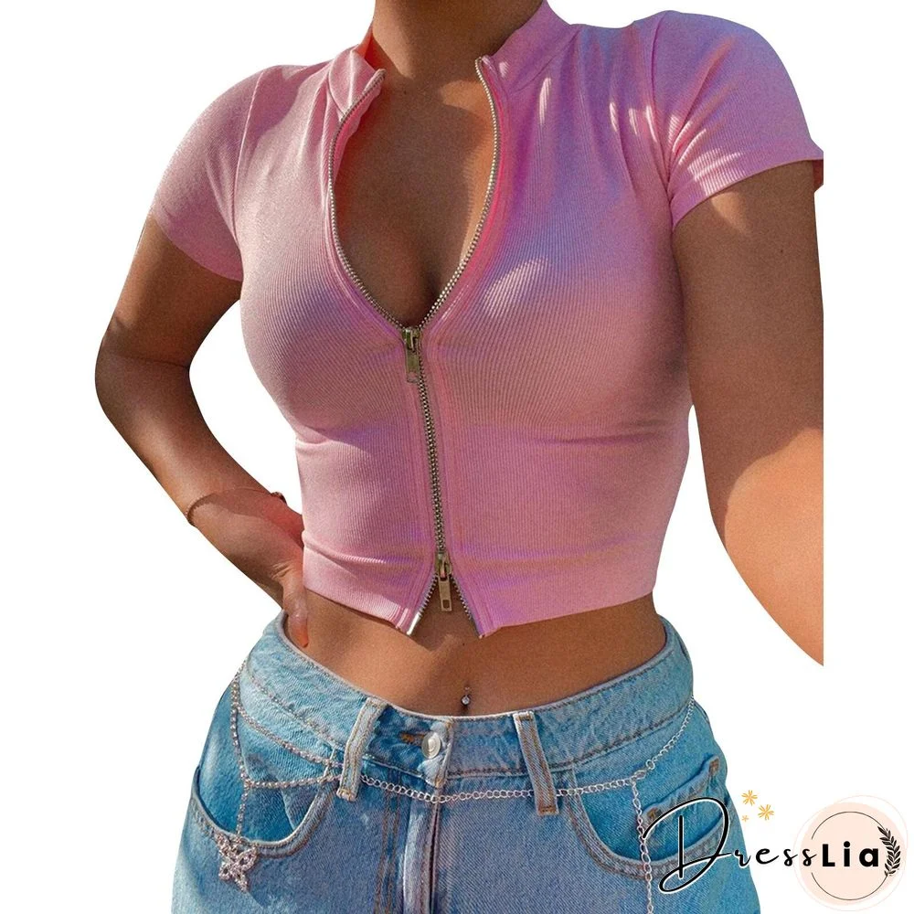 Back To School Outfits  Women'S Rib Knit T-Shirt Solid Color Zip Up Crop Tops Street Style Short Sleeve Slim Fit Mock Neck Tees Casual Summer Lady Top