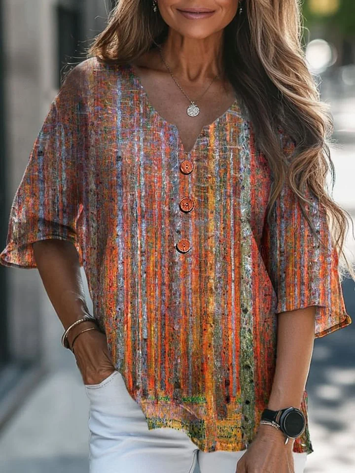 Oil Pastel Woodland Art Printed Women's Casual Linen V-Neck Shirt