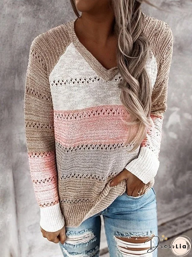 Women's Pullover Sweater Jumper Jumper Crochet Knit Knitted Color Block V Neck Stylish Casual Outdoor Daily Winter Fall