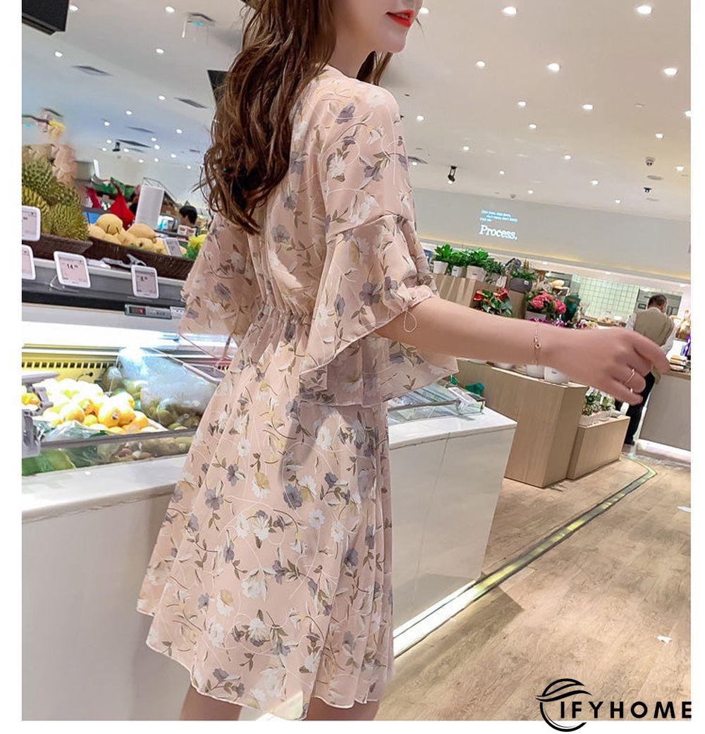 Spring Summer Chiffon Women V-Neck Floral Print Short Dresses Sweet Ruffle Sleeeve Slim Drawstring Ladies Dress | IFYHOME