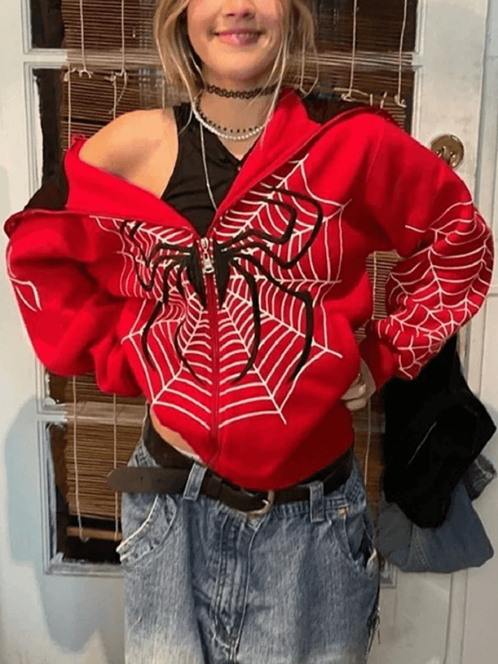Brownm Spider Print Zip-Up Hoodie