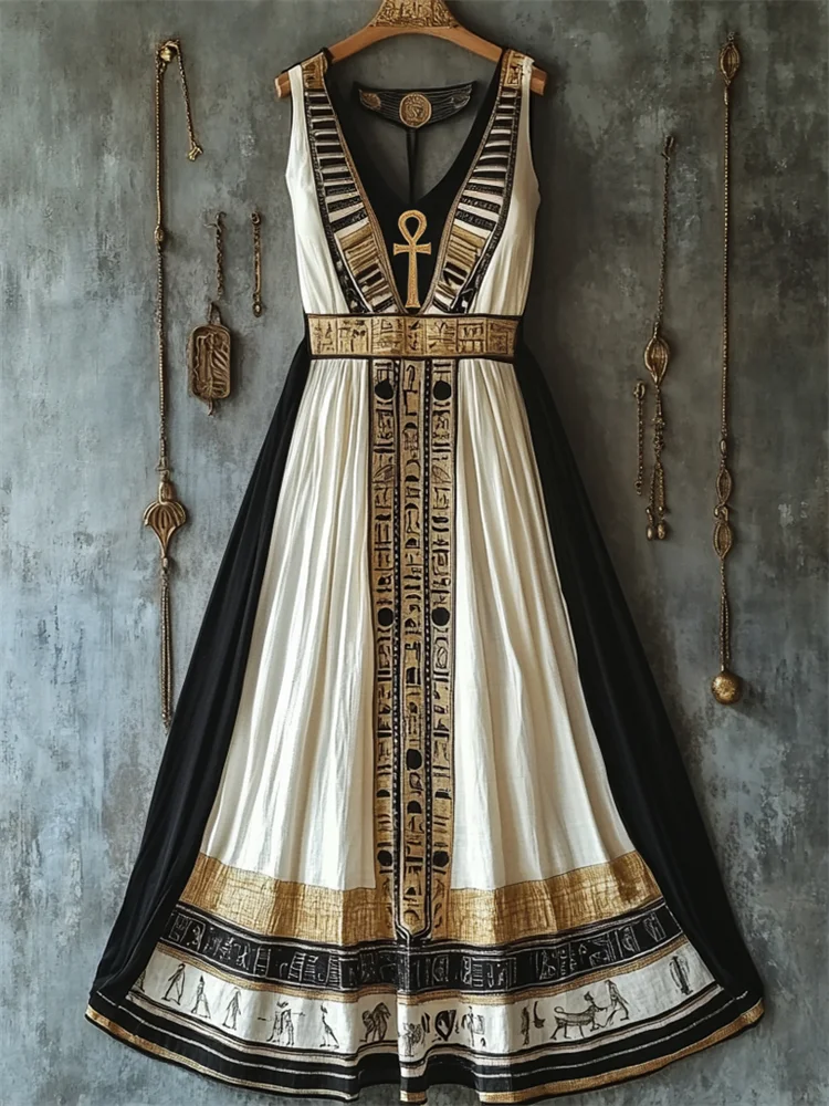 Ankh Ancient Egyptian Embroidered Contrast Linen Maxi Dress