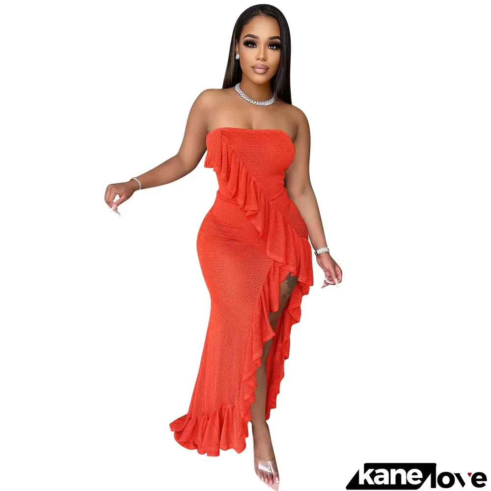 Women clothes Fashion Sexy Solid Strapless Ruffle Slit Dress