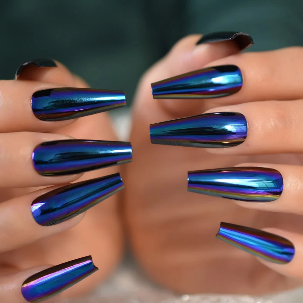 Chrome Diamond Blue Press On Fingernails Metallic Mirror Holo Fake Nails Extra Long Ladies Designed Tips for Finger-Nail Inspo