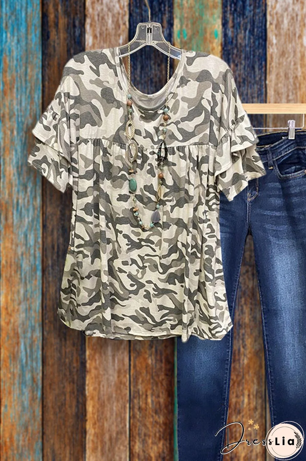 Jewel Neck Ruffle Camo T-shirt