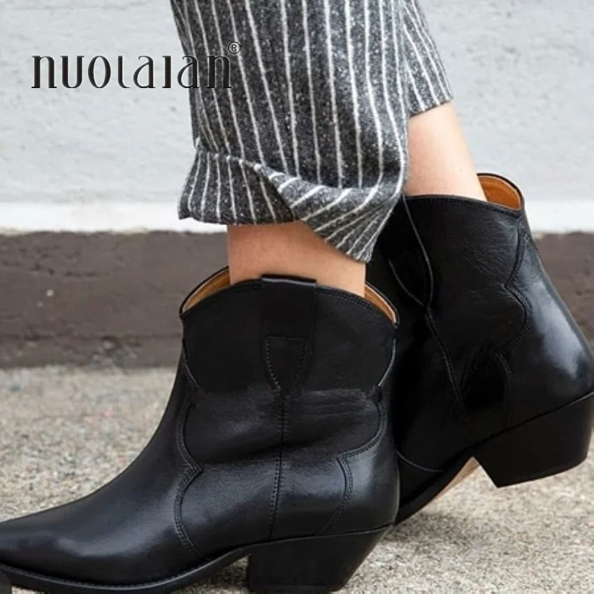 Pointy toe Chunky Heels Ankle Boots for Women Black Leather Short Chelsea Boots Autumn Winter Shoes Woman botas cowboy mujer