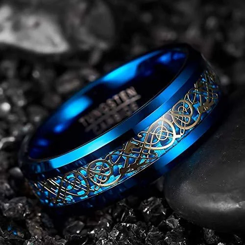6MM 8MM Women or Men's Tungsten Carbide Wedding Blue Celtic Dragon Knot Wedding Bands Blue and Gold Resin Inlay