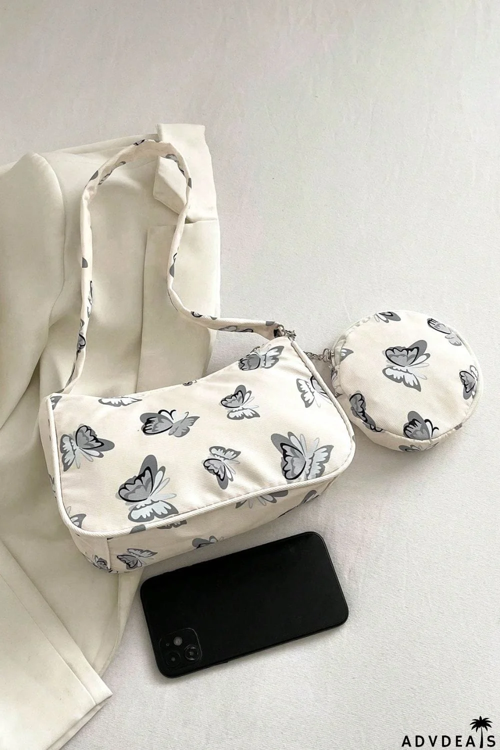 Butterfly Print Shoulder Bag with Purse