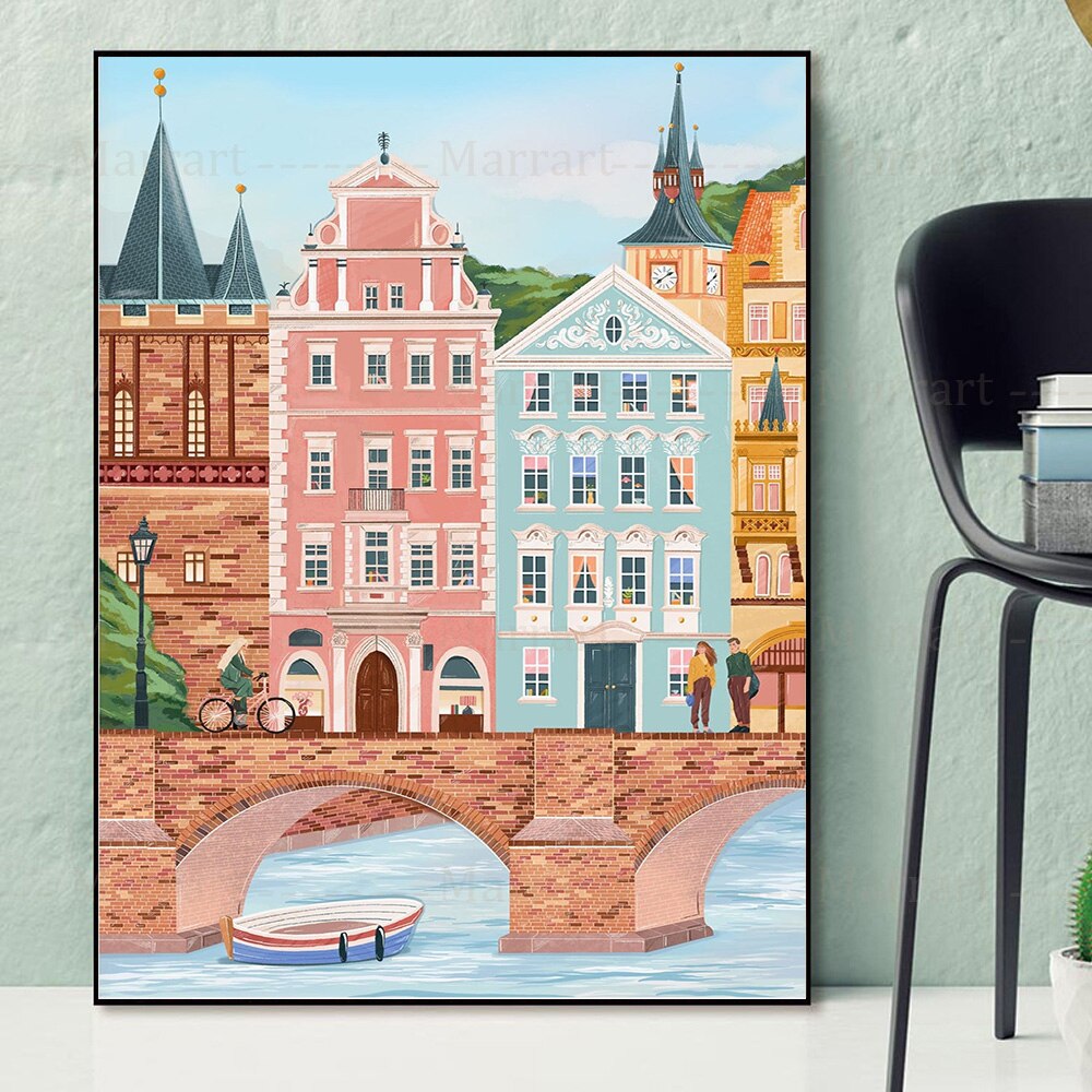 Travel Picture Wall Art Canvas Painting Amsterdam Rothenburg Dublin Ha’Penny Bridge Switzerland City Poster For Gift Home Decor