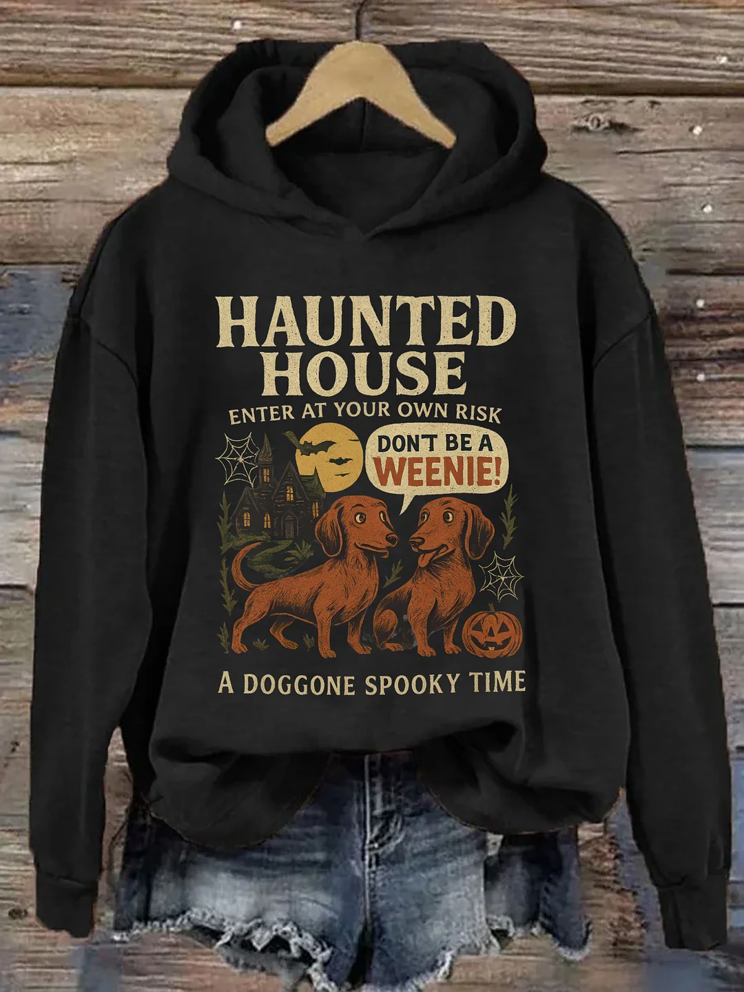 Vintage Haunted House Halloween Spooky Dachshund Hoodie