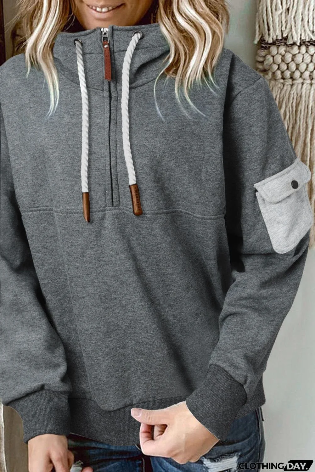 Half Zip Colorblock Pocket Patchwork Long Sleeve Hoodie