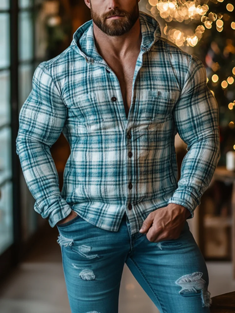 Men's Christmas Plaid Cotton and Linen Long Sleeve Hooded Shirt