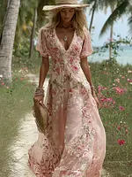 Women's Bohemian Vintage Rose Floral Pattern Linen Dress