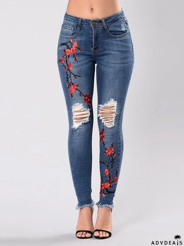 Women's Vintage High Waist Stretch Denim Jeans with Floral Embroidery Design