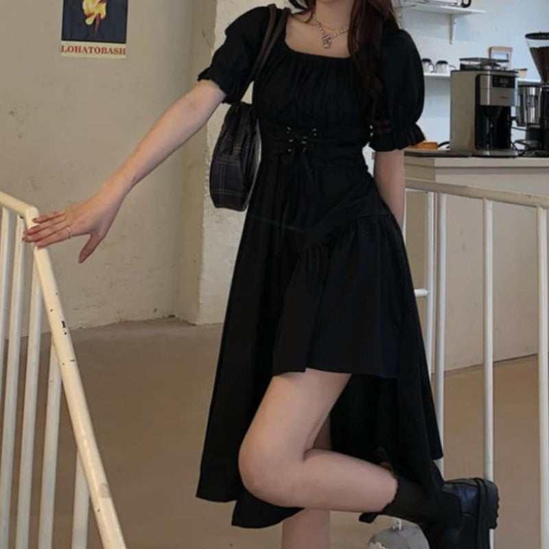 LANFUBEISI  Women's White Dress Autumn Elegant Vintage Kawaii Puff Sleeve Midi Dress Square Collar Bandage Sundress Goth Outfits LANFUBEISI