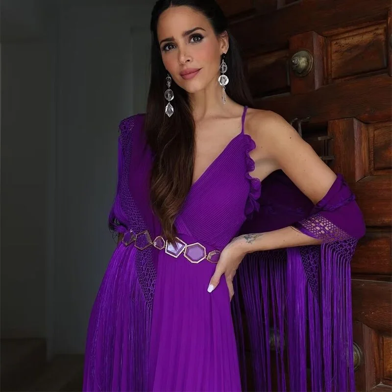 Uaang Pleat Midi Dress Women Elegant Backless Camisole Dresses Chic Lady Robe Female Clothing 2023 Summer New