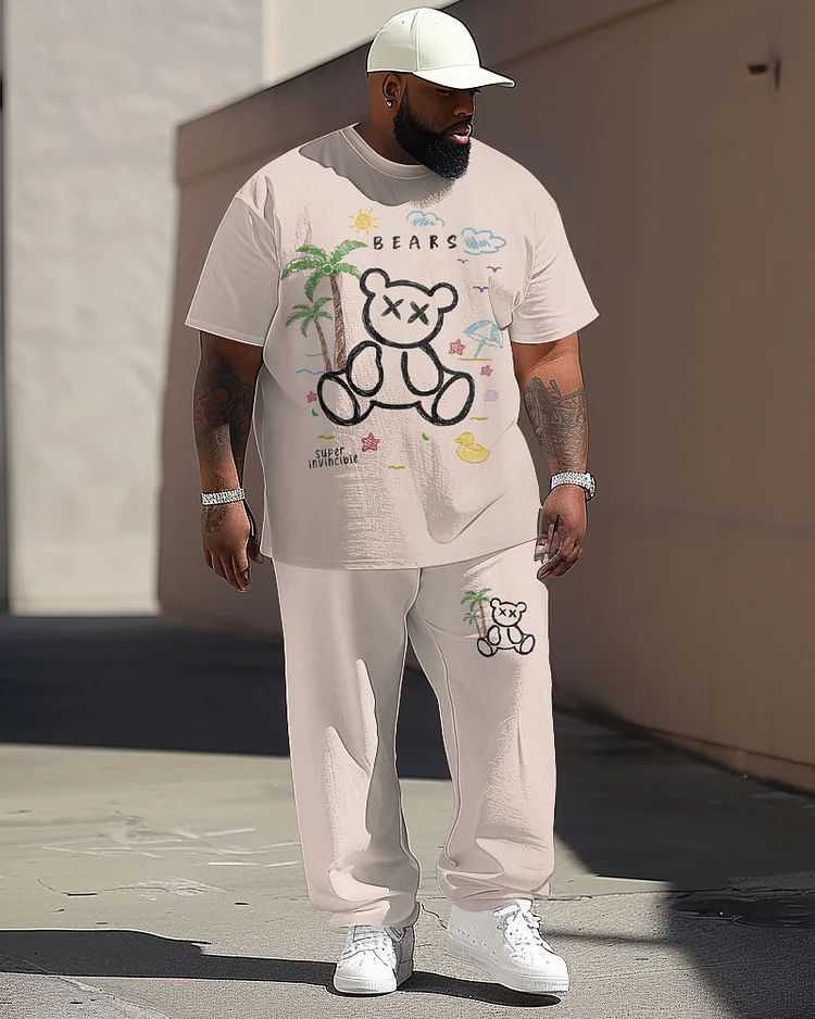 Men's Plus Size Hawaiian Coconut Tree Bear Print T-Shirt Pants Suit