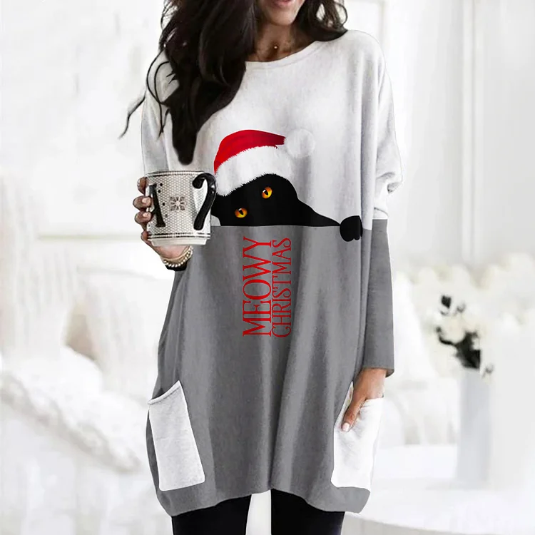 Vefave Christmas Cat Print Crew Neck Pocket Casual Tunic