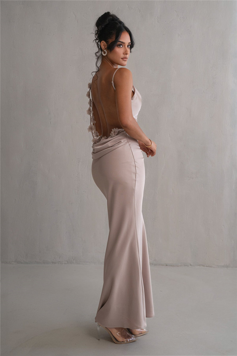 Ootddress Floral Draped Backless Maxi Long Dress For Women Fashion Spaghetti Strap Sleeveless Bodycon Evening Party Dress Elegant