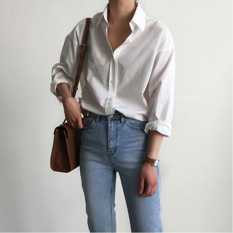 Fashionable 2023 New Women's Autumn Turn Down Collar Singel Breasted Solid Color Retro Simple Loose All Match Chic Shirt Tops