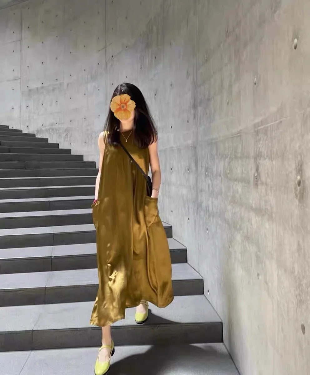 Sleeveless Tank Dress Gold Acetate Satin Maki