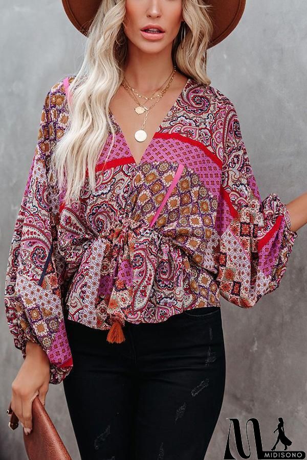 MidiSono - Patchwork Printed Drawstring Blouse