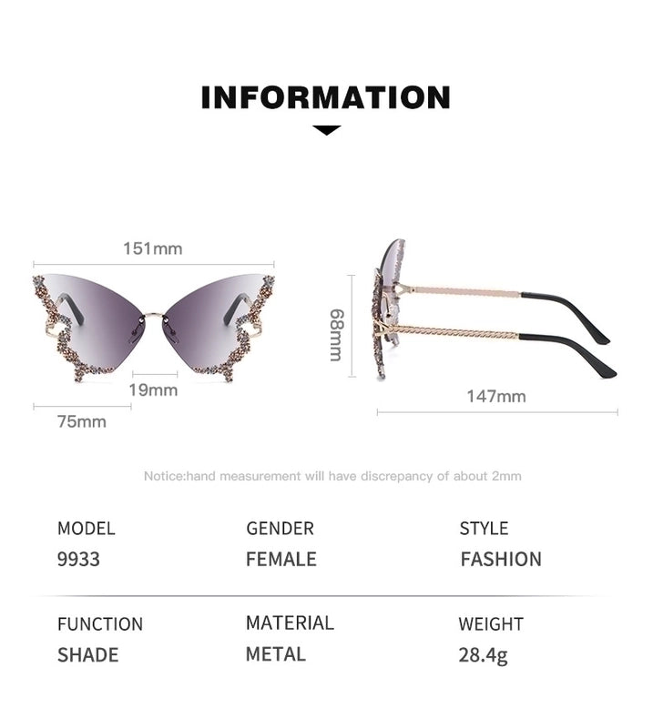 Elegant Modern Style Butterfly Pc Butterfly Frame Diamond Frameless Women’s Sunglasses