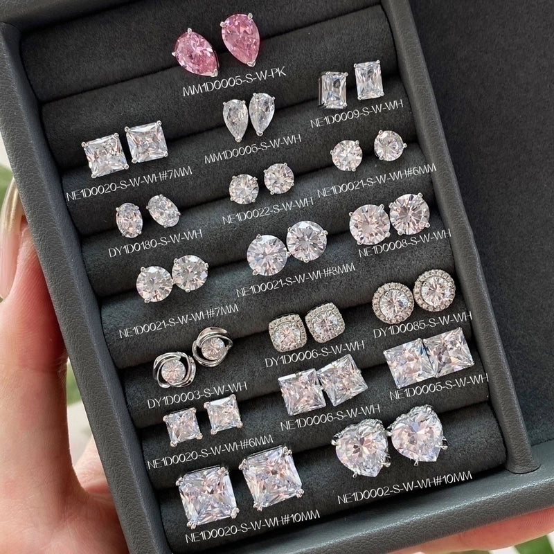 1 Pair 925 Sterling Silver Zircon Geometric Square Water Droplets Ear Studs