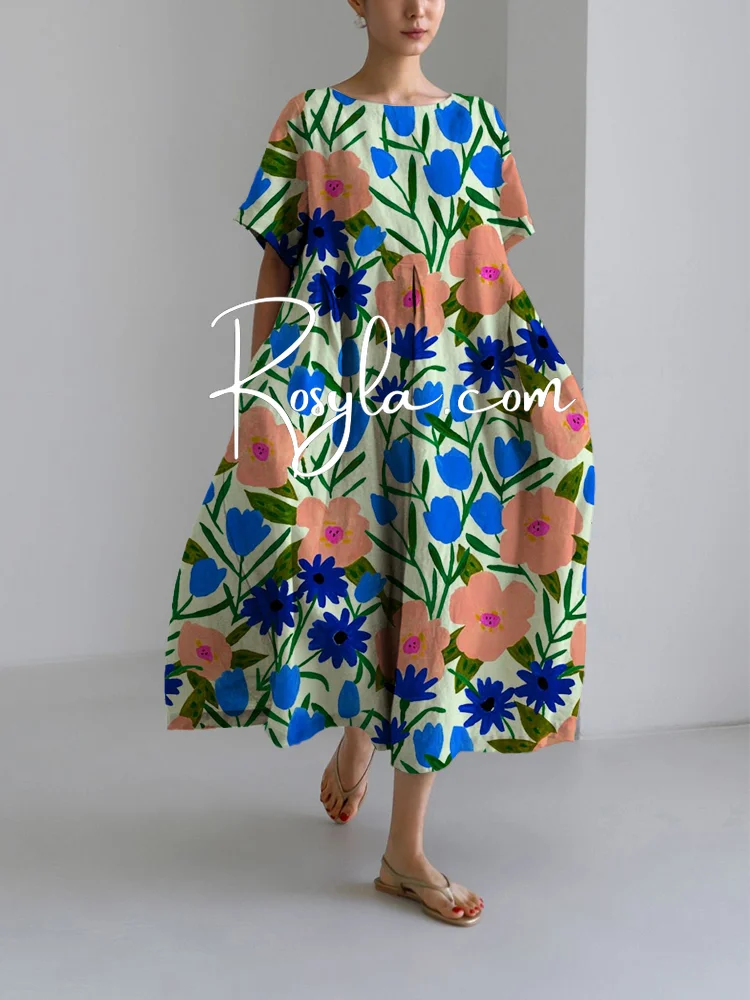 Women's Leisure Flory Print Loose Round Neck Medium Length Skirt Dress