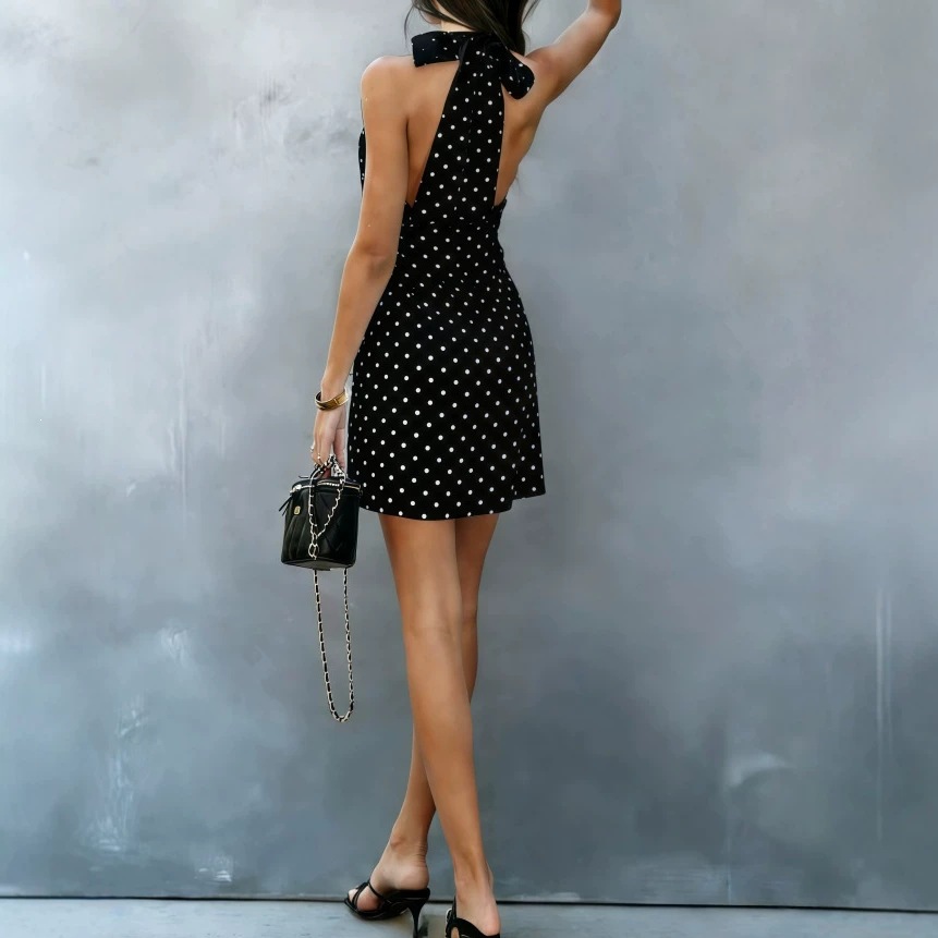 Women&rsquo;s Black Polka Dot Halter Neck A-Line Mini Dress