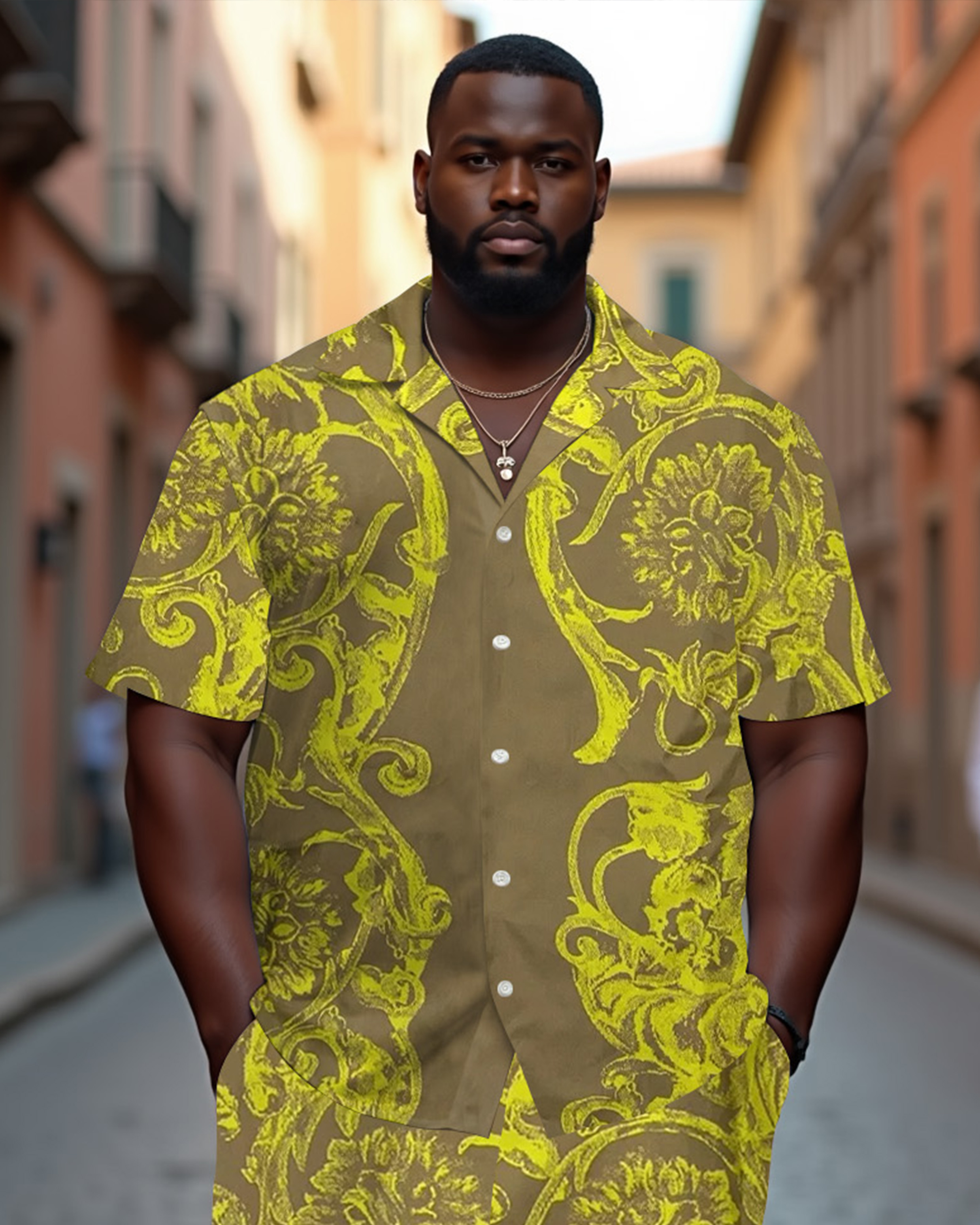 Men's Plus Size Baroque Jacquard High-end Craft Luxury Casual Cuban Collar Short Sleeve Shirt Shorts Suit