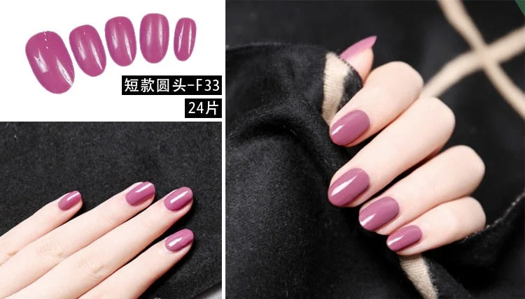 24Pcs Charming Fake False Nails Tips Wine Red Pointed Head Full Cover Nail Tips Long Style Nude Artificial Flase Nails with Glue-Nail Inspo