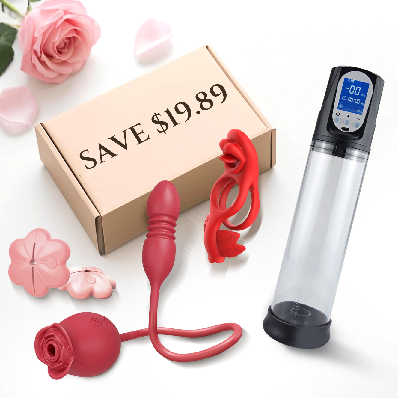 Couple Sex Toys Set - 2 In 1 Rose Vibrator Penis Pump Cock Rings & Nipple Toys - Rose Toy