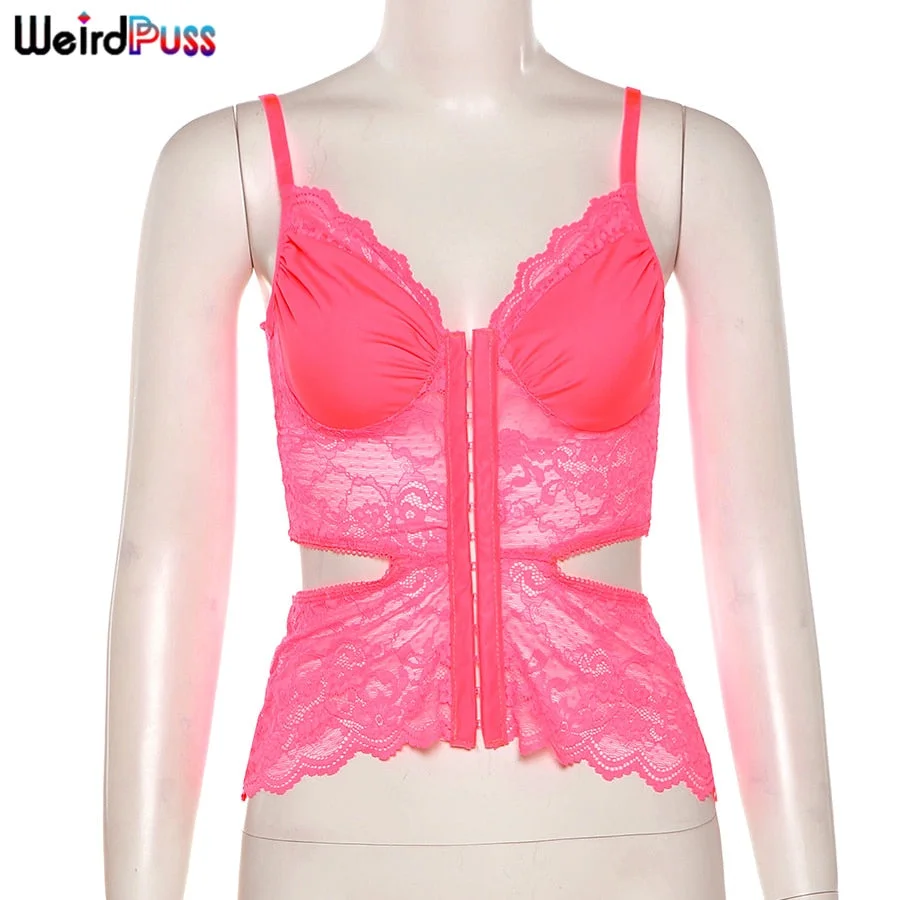 Weird Puss Sexy Camisole Women Corset Top Lace Cut Out Women Deep v-Neck Beach Tunic Waistless Tank Top Sleeveless Fashion Vest