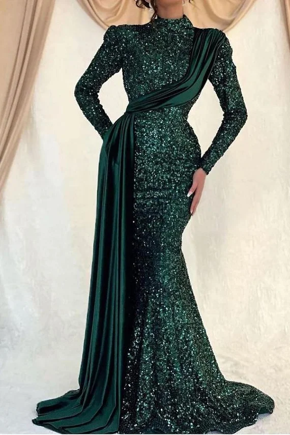 Sequins Long Sleeves Mermaid Prom High Collar Dress With Ruffle PD0914