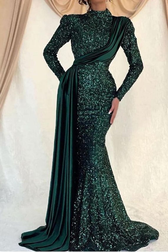 Long Sleeves Sequins Mermaid Prom High Collar Dress With Ruffle Ballbellas Ballbellas