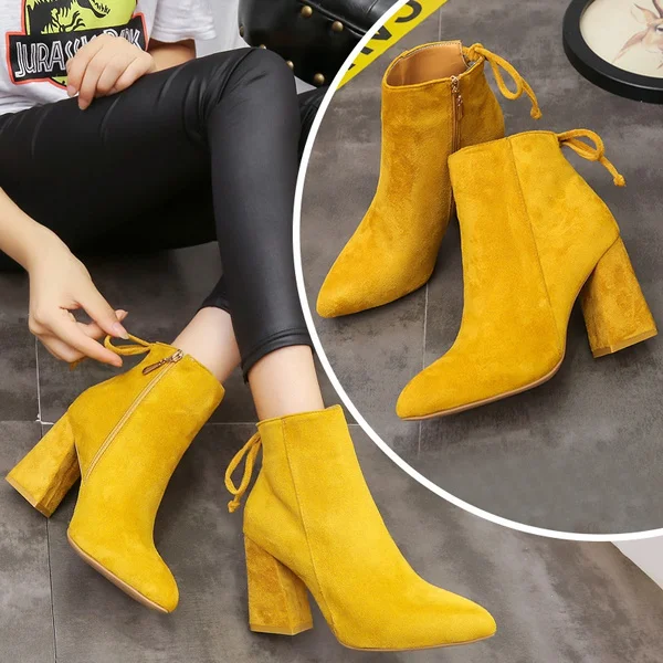 British Style Pointed Toe Boots Rough High Heels Back Lace Up Short Boots For Women