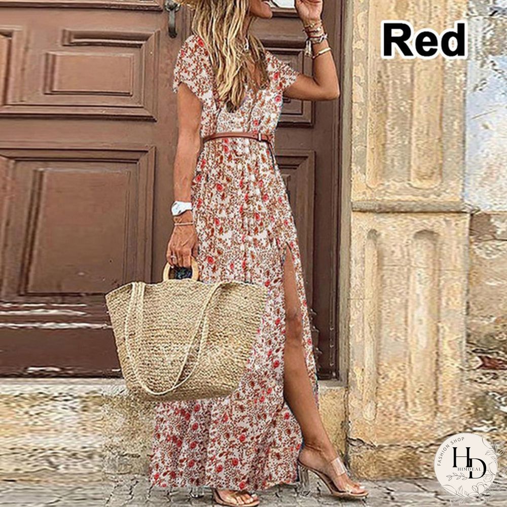 Summer Womens Fashion Retro Floral Elegant Dress Ladies Loose Casual Long One-_piece